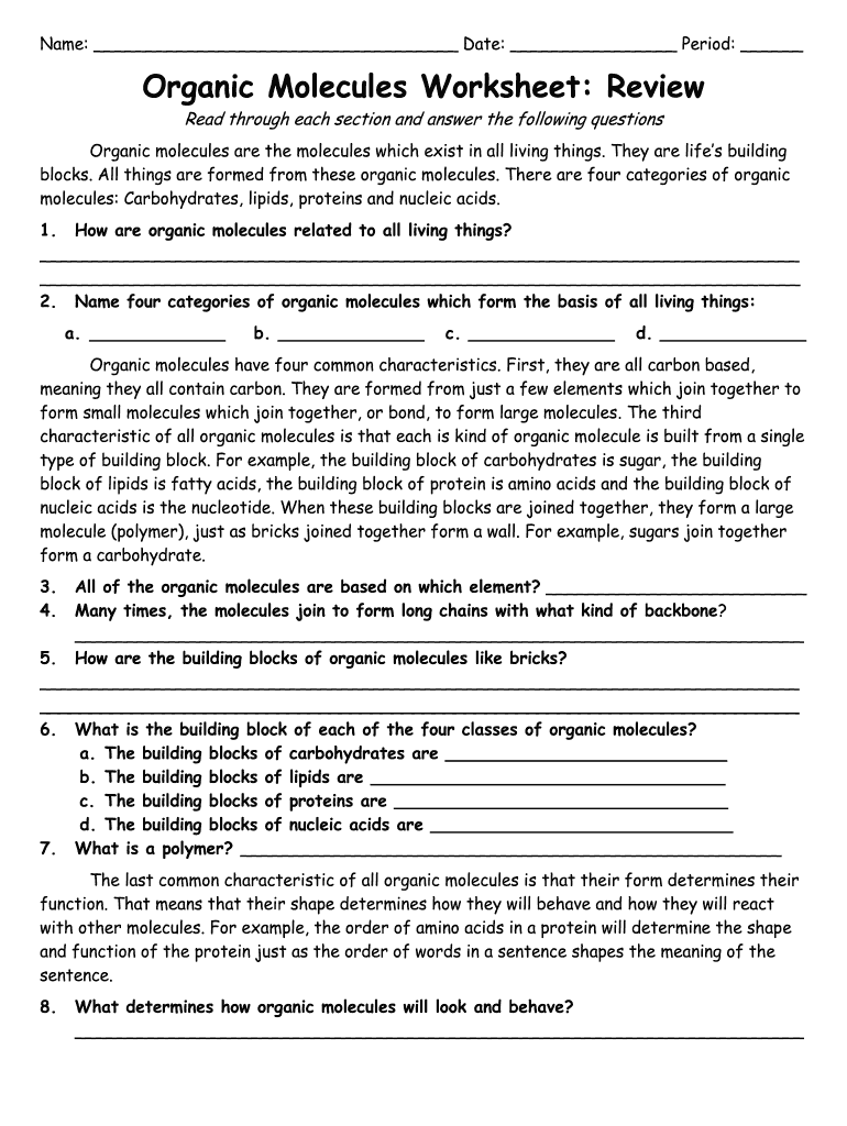 Biomolecule Review Worksheet Answer Key  Form