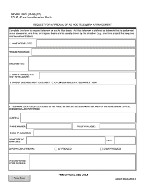 Request for Approval of Ad Hoc Telework Arrangement Use to Request Telework on a One Time Basis  Form