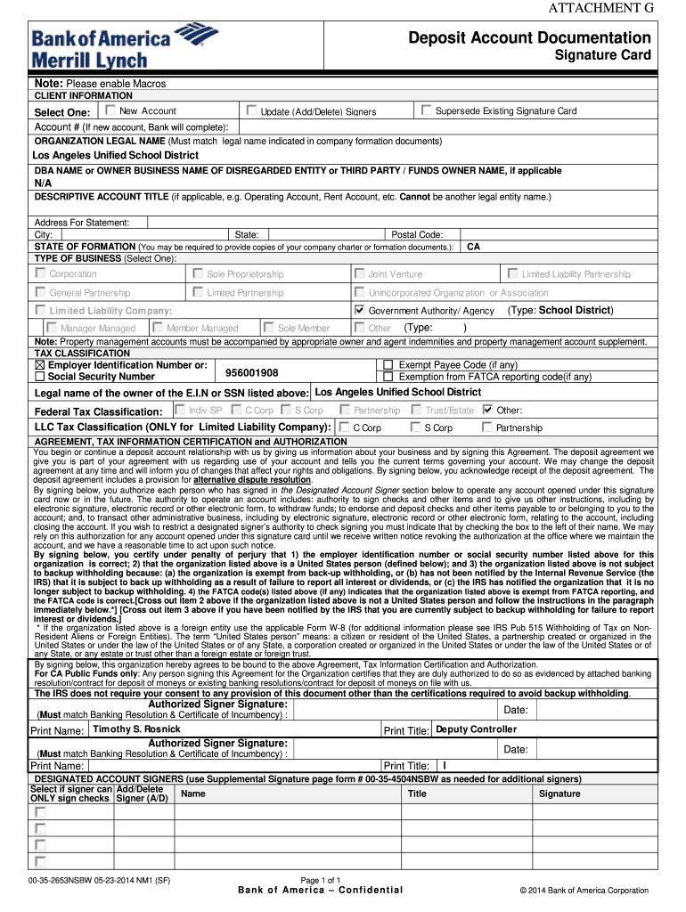 Bank of America Signature Card Form