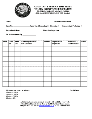 COMMUNITY SERVICE TIME SHEET VALLEY COUNTY COURT  Form