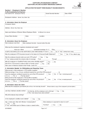 HARTFORD LIFE INSURANCE COMPANY HARTFORD LIFE and ACCIDENT INSURANCE COMPANY APPLICATION for SHORT TERM DISABILITY INCOME BENEFI  Form