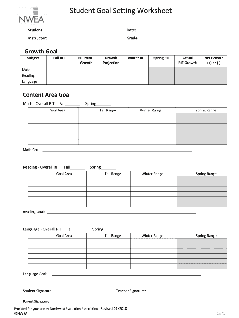 Nwea Goal Setting Worksheet PDF  Form