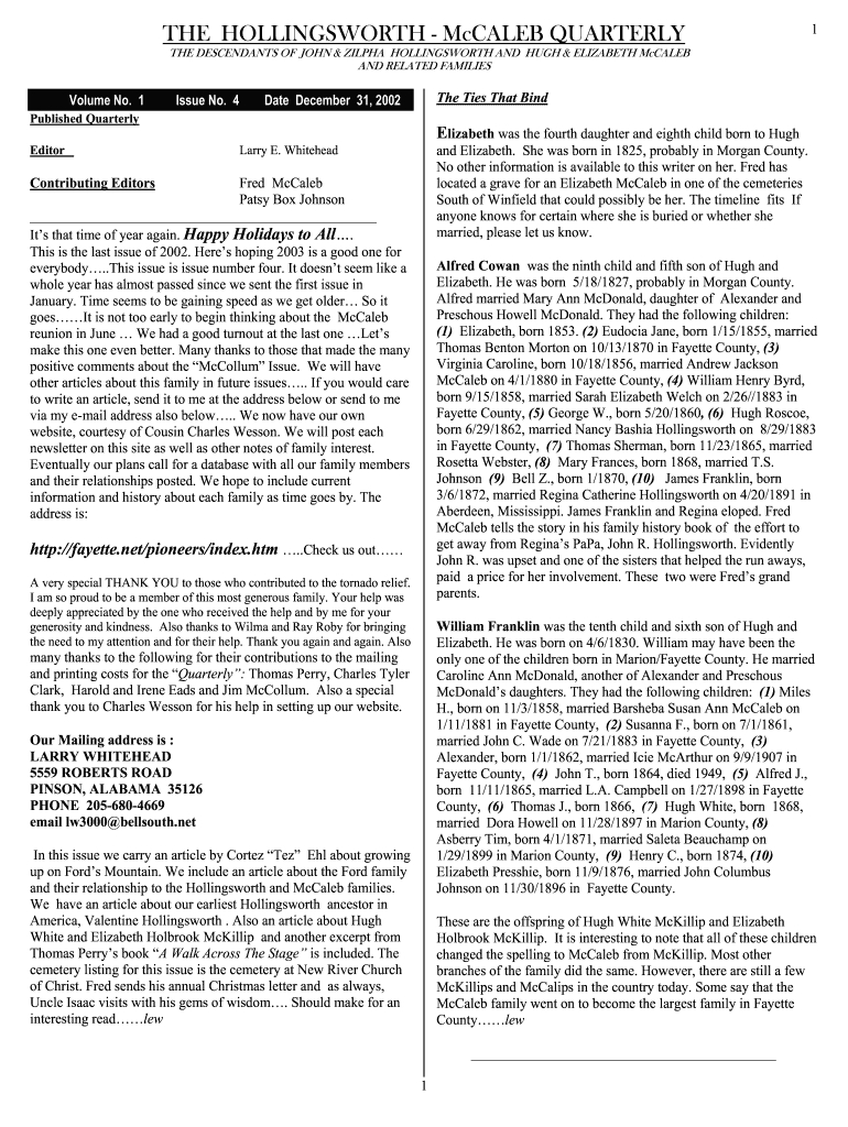  the HOLLINGSWORTH  McCALEB QUARTERLY 2002