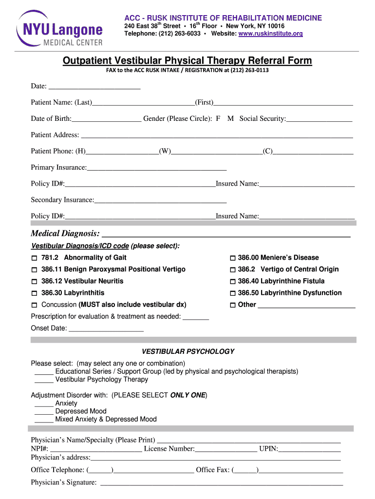 Vestibular Therapy  Form