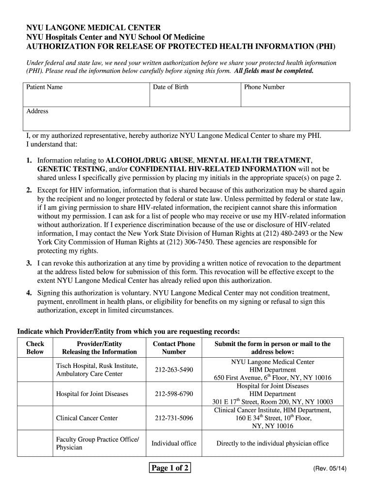  Request for Medical Center Authorization Form  NYU Langone 2014