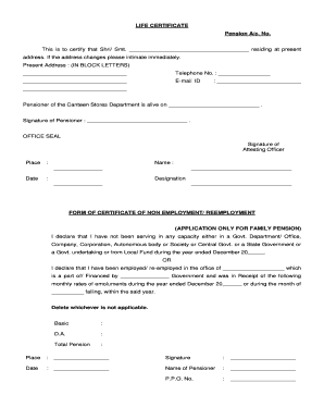 Canteen Stores Department Life Certificate  Form