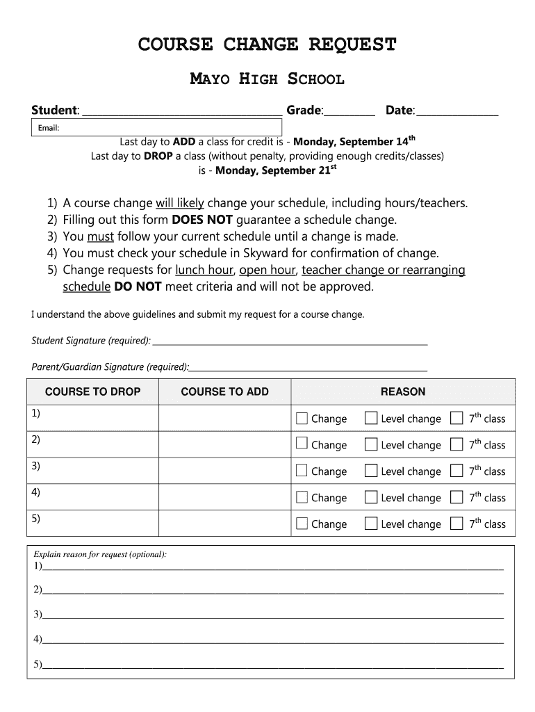 Course Change Request Mayo High School  Form