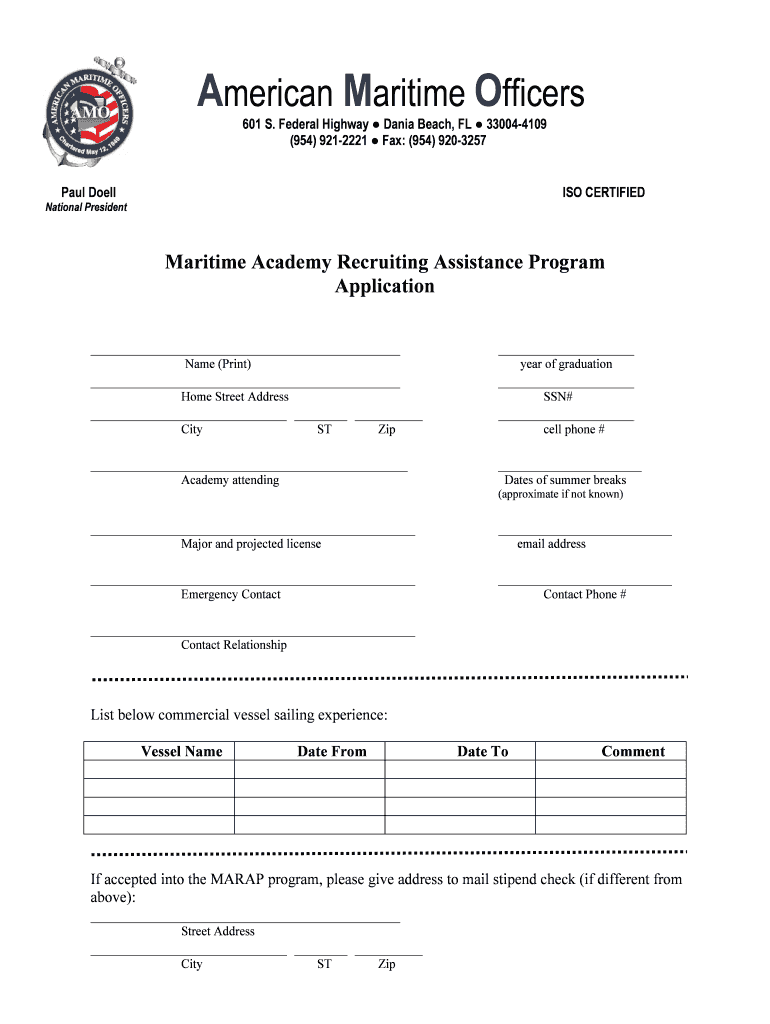 MARAP Application American Maritime Officers Amo Union  Form