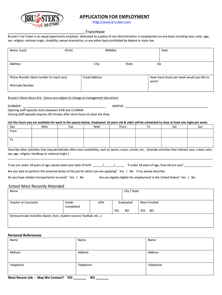 Brusters Application  Form