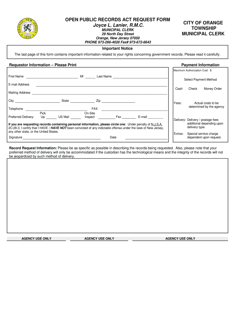 PDF of OPRA Request Form Orange Township Ci Orange Nj