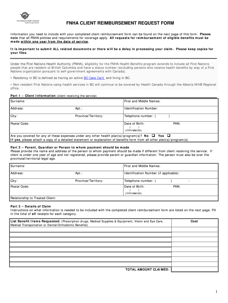 Fnha Reimbursement Form