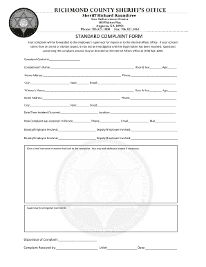 RCSO Standard Complaint Form Richmond County Sheriffs Office