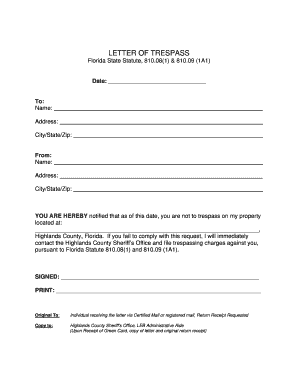 LETTER of TRESPASS Highlands County Sheriffs Office Highlandssheriff  Form