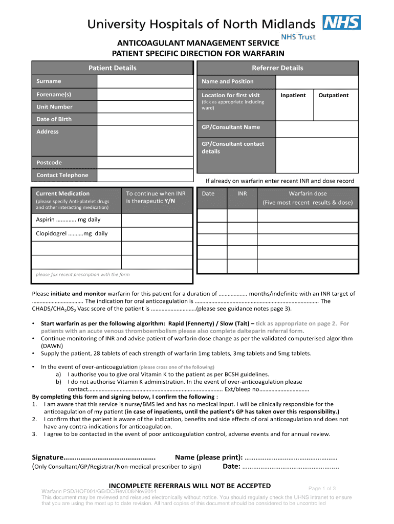  Patient Specific Direction PSD for  University Hospitals of 2014-2024