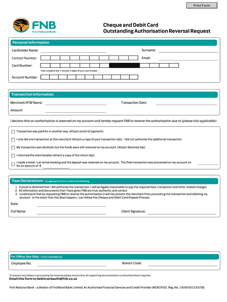 What is Outstanding Debit Card Authorisation Fnb  Form