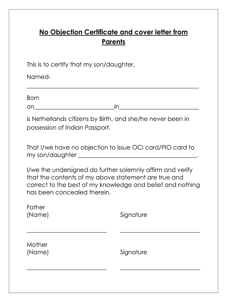 No Objection Letter from Parents  Form