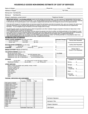 HOUSEHOLD GOODS NON BINDING ESTIMATE of COST of SERVICESd Fortress Wa  Form