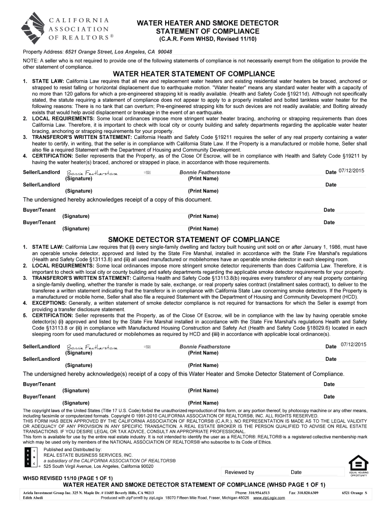 Water Heater and Smoke Detector Statement of Compliance  Form