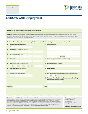 Certificate of Re Employment Teachers Pensions  Form