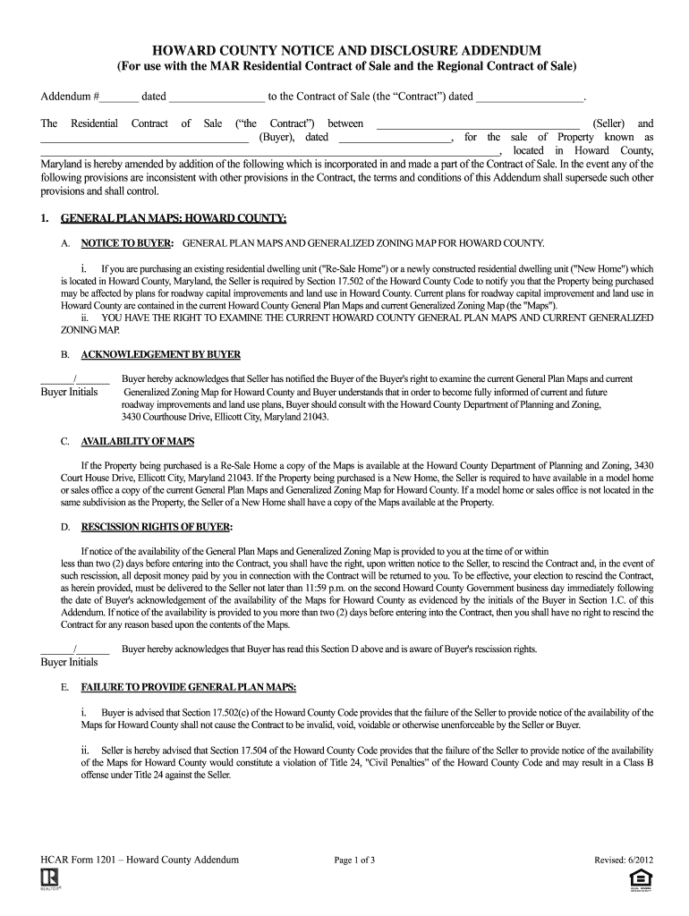 Howard County Notice and Disclosure Addendum  Form