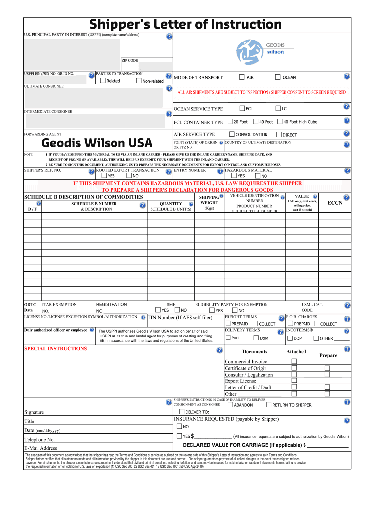 Geodis Logistics Shipper's Letter of Instruction  Form