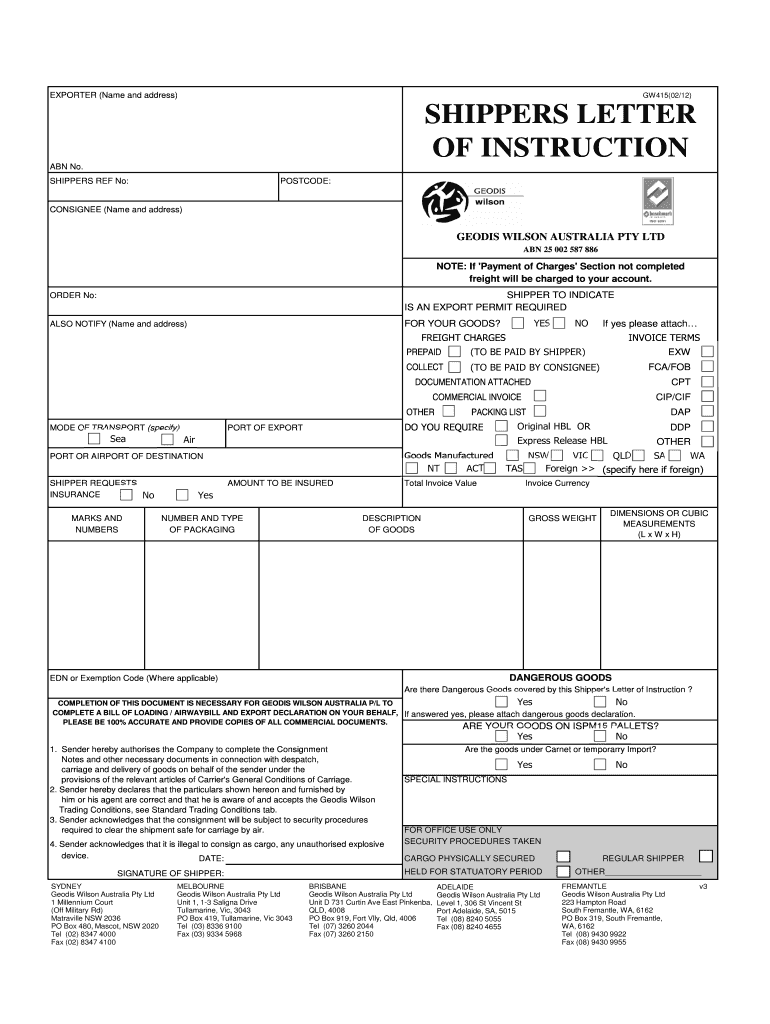  Geodis Shipper Letter of Instruction 2012-2024