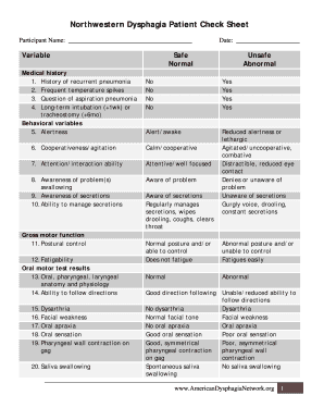 Northwestern Dysphagia Patient Check Sheet  Form