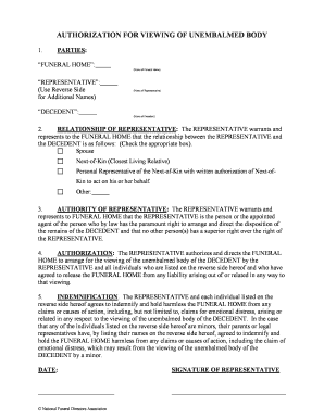 AUTHORIZATION for VIEWING of UNEMBALMED BODY  Form