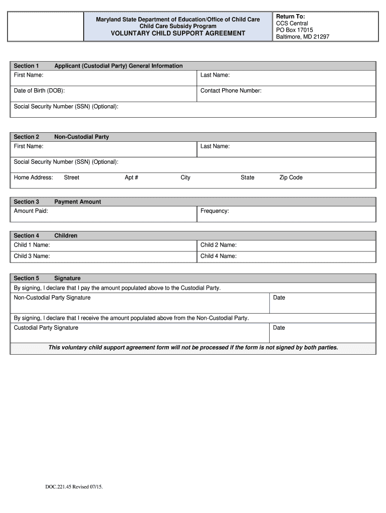 Voluntary Child Support Agreement  Form