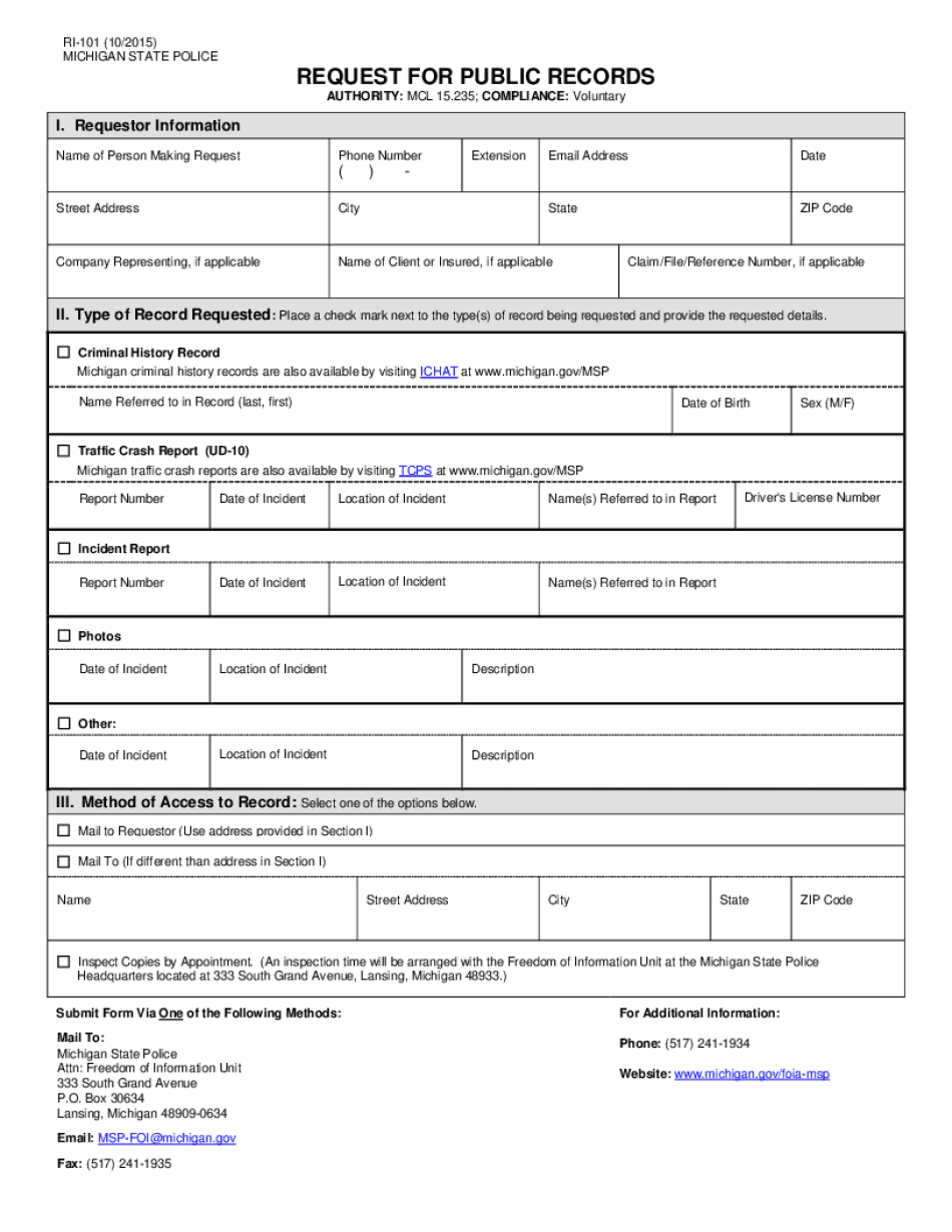  RI 101 Request for Public Records FOI State of Michigan Michigan 2015-2024