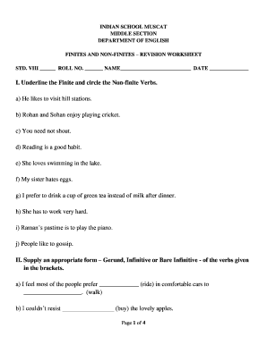 Finite and Non Finite Verbs Worksheets for Grade 7 with Answers PDF  Form