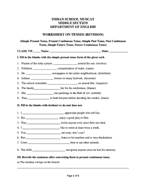 Tenses Worksheet for Class 7 with Answers  Form