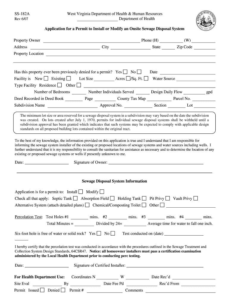 SS 182A Application for a Permit to Install or Modify an Onsite Sewage Disposal System  Form