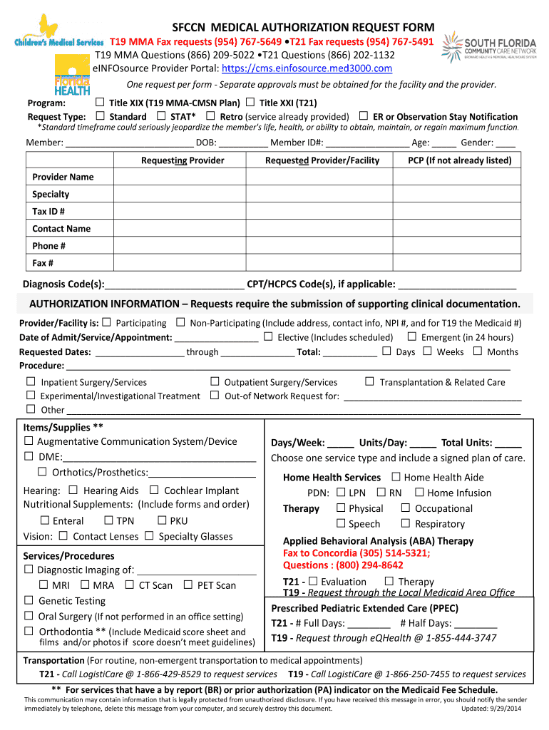  Sfccn Medical Authorization Request Form 2014-2024