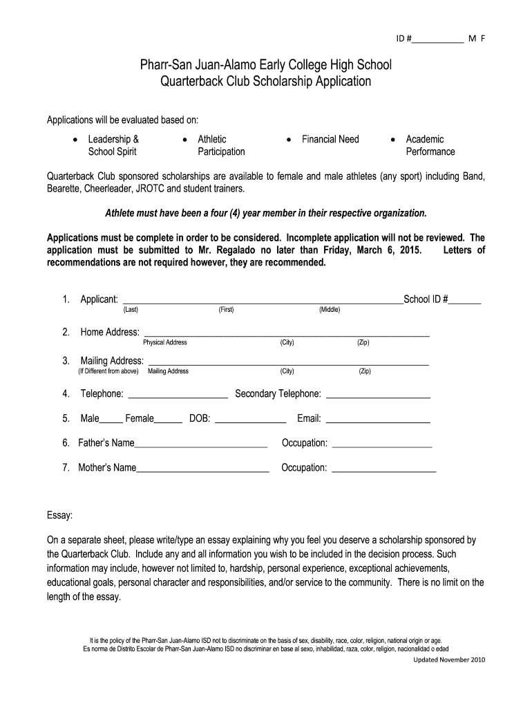 Application for PSJA ECHS Quarterback Club Scholarships  Form