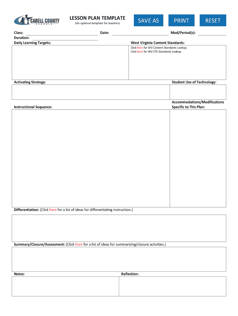 High School Printable Lesson Plan Template  Form