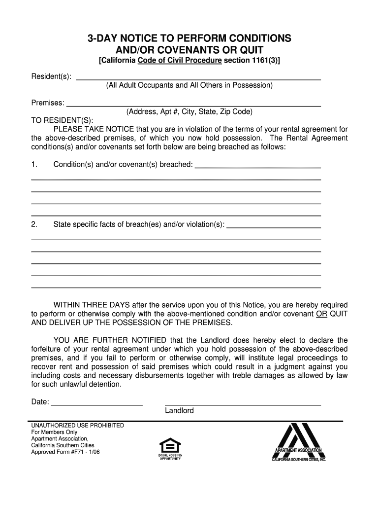  3 Day Notice to Perform Conditions Andor Covenants or Quit 2006-2024