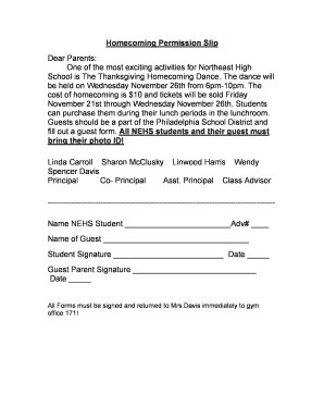 Homecoming Permission Slip  Form