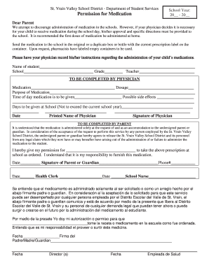 Permission for Medication St Vrain Valley School District  Form