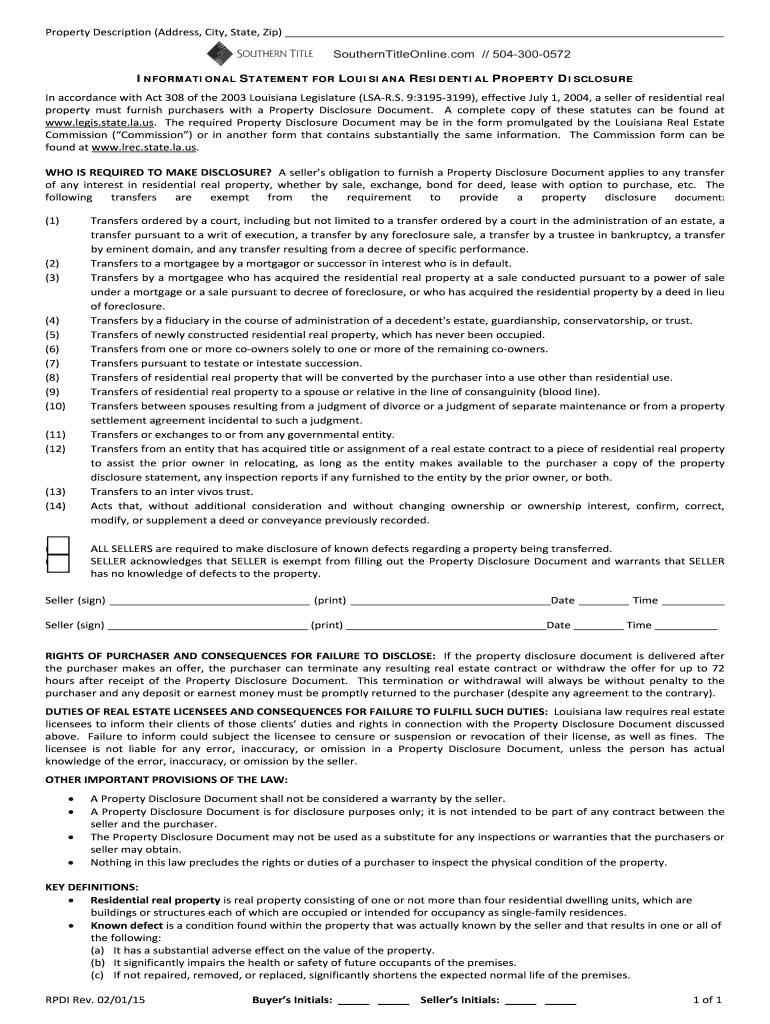  Information Statement for Louisiana Residential Property Disclosure 2015-2024