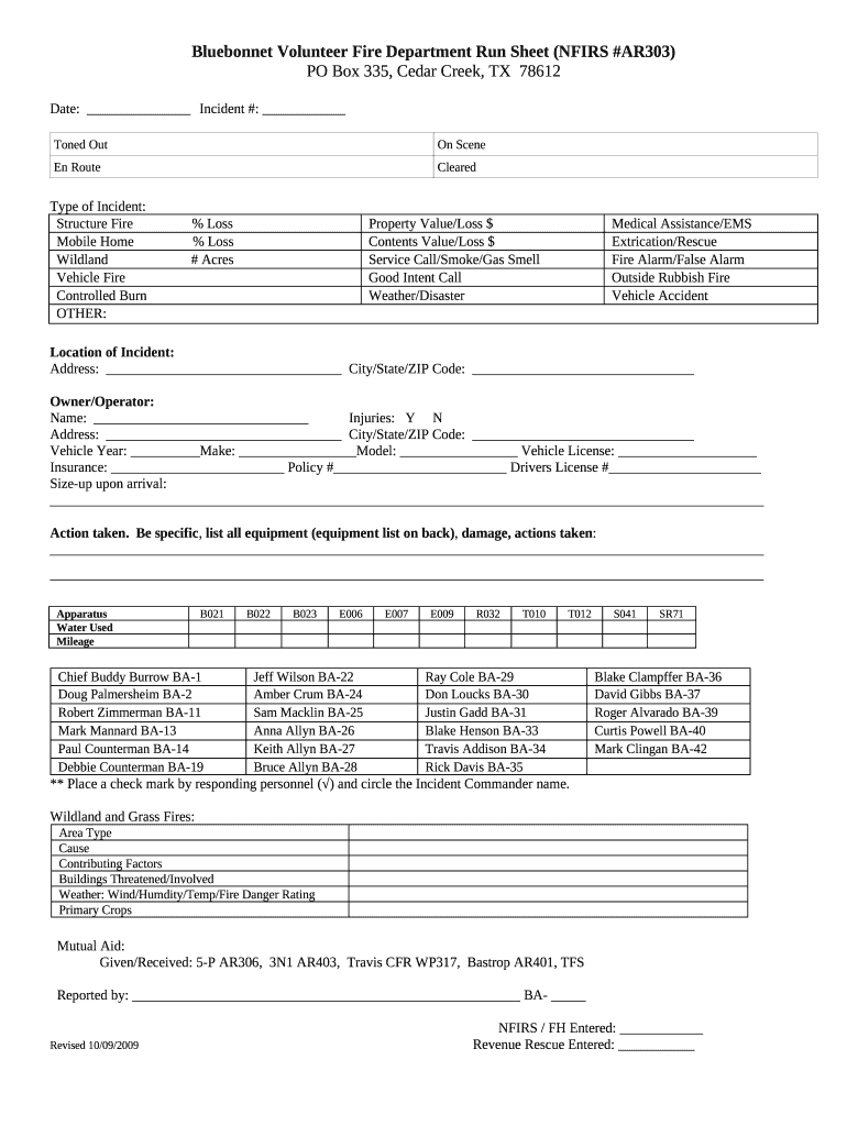  Fire Department Run Report Form 2009-2024