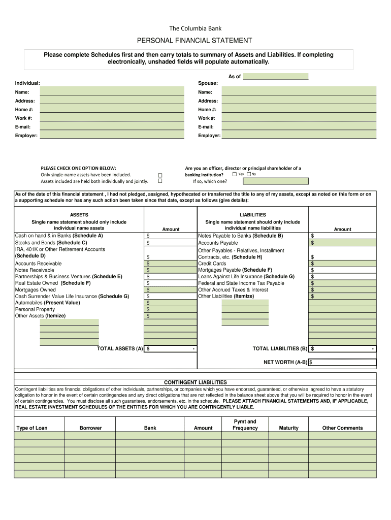 Get and Sign Columbia Bank Personal Financial Statement  Form