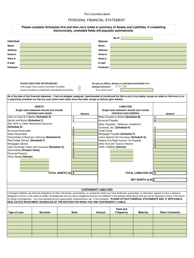 Columbia Bank Personal Financial Statement  Form