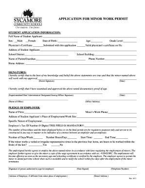 Application for Minor Work Permit Sycamore Community Schools  Form