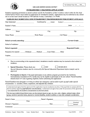 Intradistrict Transfer Application San Juan Unified School District Sanjuan  Form