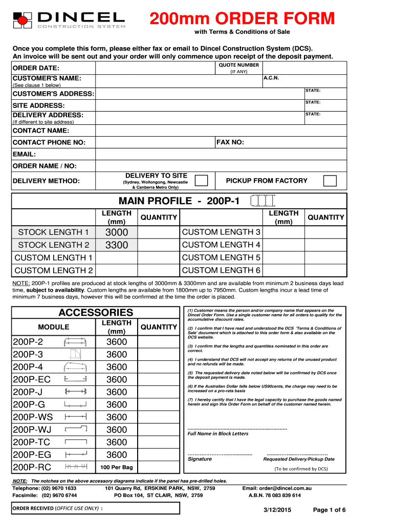  DCS 200mm Order BFormbxlsx Dincel Construction System 2015