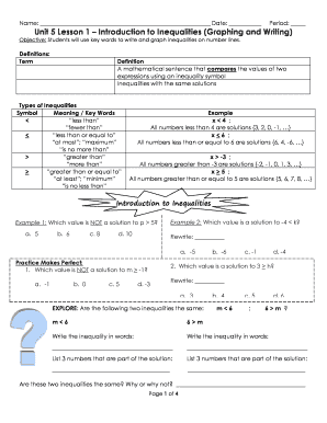 Unit 5 Lesson 1 Introduction to Inequalities Graphing and Writing  Form
