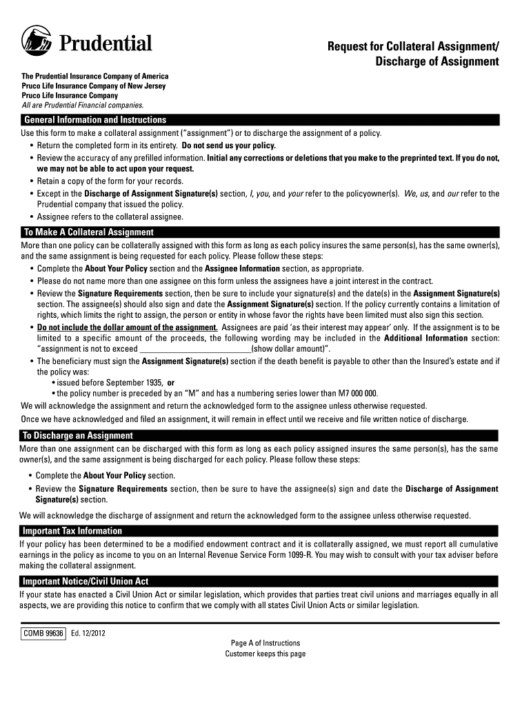  Prudential Life Insurance Collateral Assignment Form 2012-2024