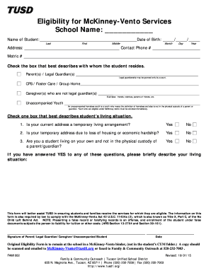 McKinney Vento Eligibility Questionnaire Tucson Unified School  Form