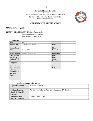 United Empire Loyalist Certificate  Form